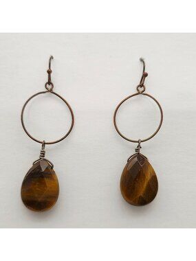 Faceted Tear Drop Tigers Eye Wire-Wrapped Drop Earrings On Antique Bronze Hoops